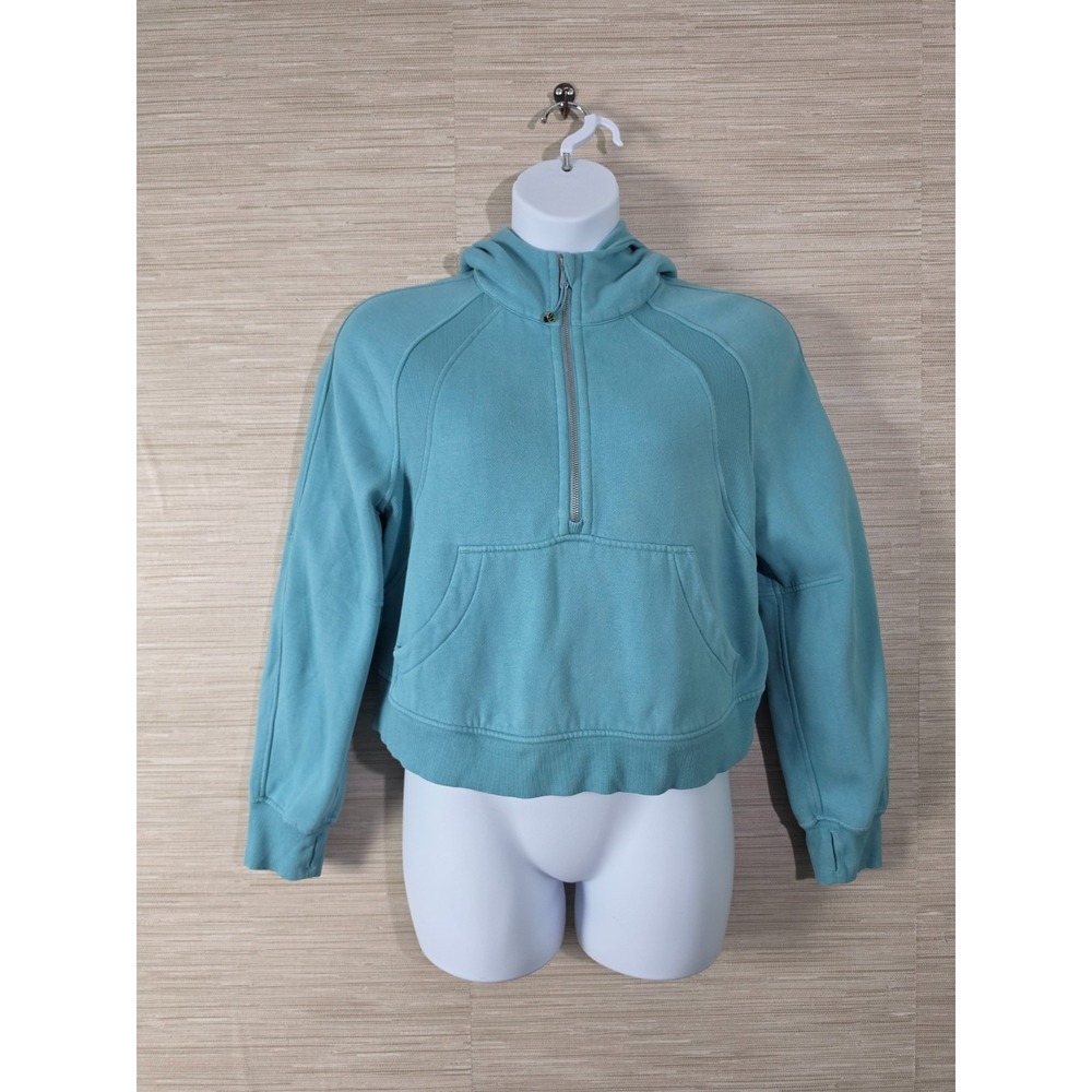 Lululemon Scuba Hoodie Womens M/L Blue Teal Lined Oversized Thumbholes Half Zip